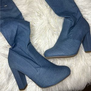 New, denim knee high boots